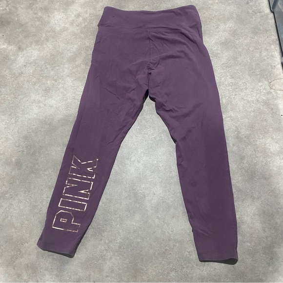 PINK women’s yoga purple zip pockets shiny logo Leggings sz large - Picture 1 of 2